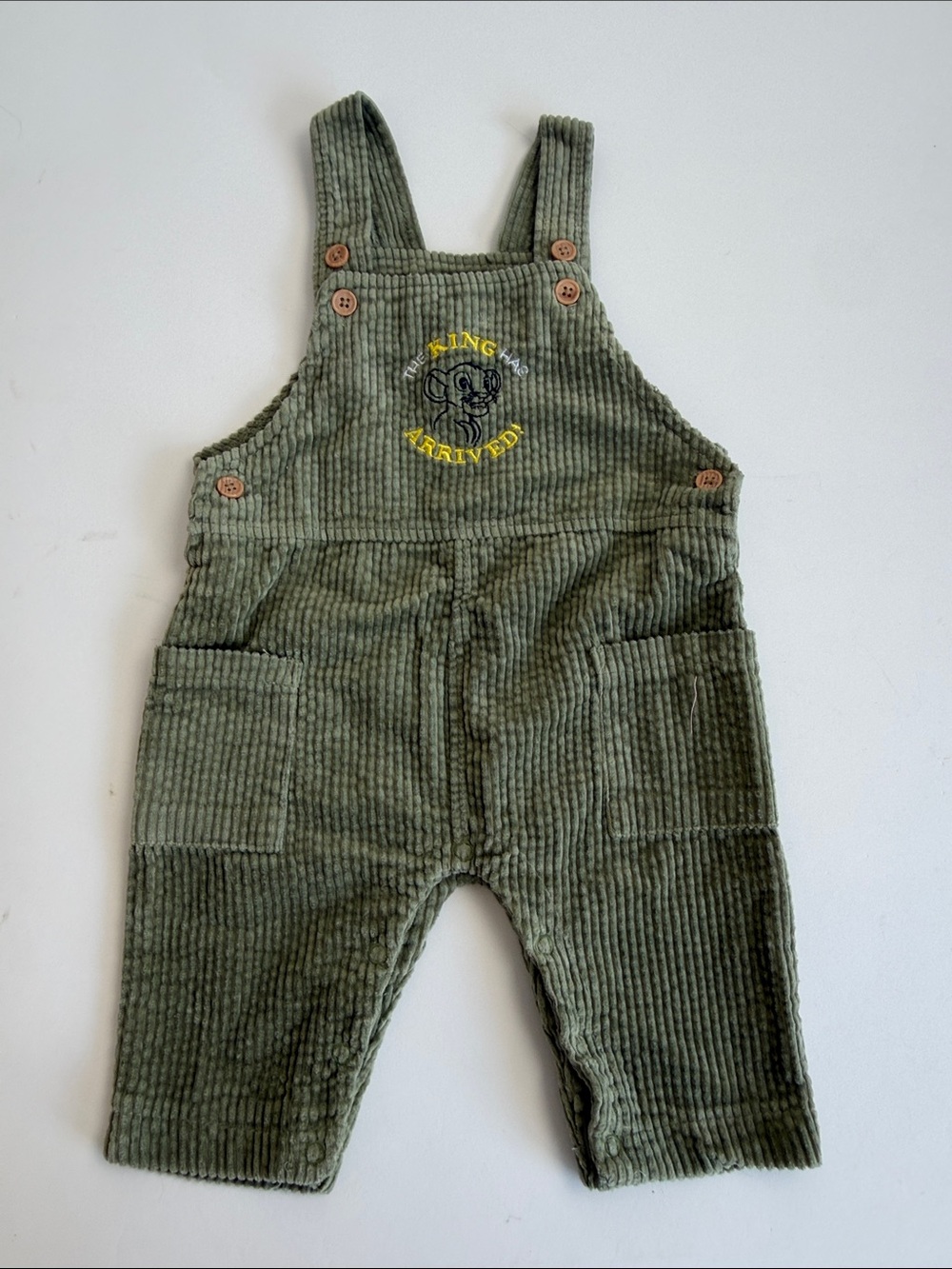 Disney Olive Green Corduroy Overalls with Embroidered Lion